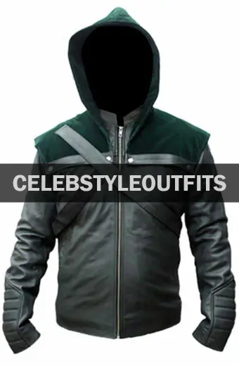 Stephen Amell Arrow Oliver Queen Hooded Green Leather Jacket