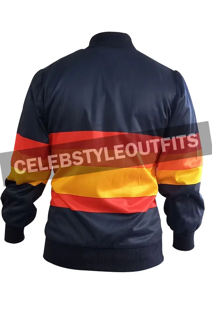 Houston Astros Kate Upton Blue Varsity Rainbow Stripe Jacket kate-upton-houston-astros-rainbow-jacket
