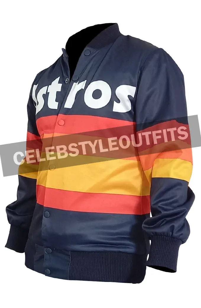Houston Astros Kate Upton Blue Varsity Rainbow Stripe Jacket kate-upton-houston-astros-rainbow-jacket