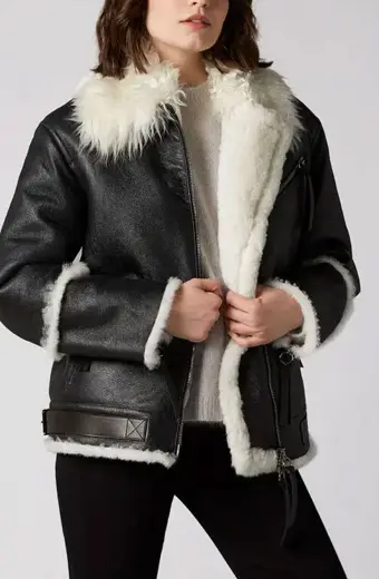 Casual Womens Aviator Bomber Black Leather Fur Lined Jacket aviator-womens-jacket