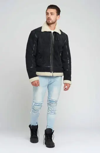 Mens Aviator Black Bomber Suede Leather Shearling Jacket aviator-mens-jacket
