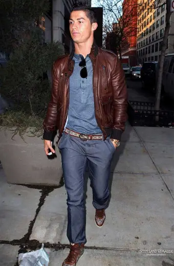 Mens Cristiano Ronaldo Casual Bomber Brown Leather Jacket