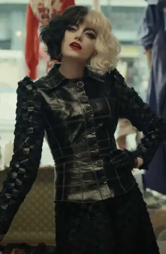 Emma Stone Cruella De Vil Quilted Black Cosplay Leather Jacket