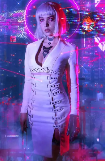 Cyberpunk 2077 Gaming Neon Girl White Cosplay Leather Coat