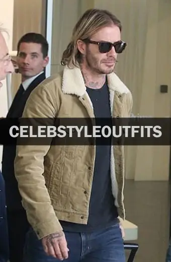 Mens David Beckham Casual Beige Corduroy Shearling Jacket