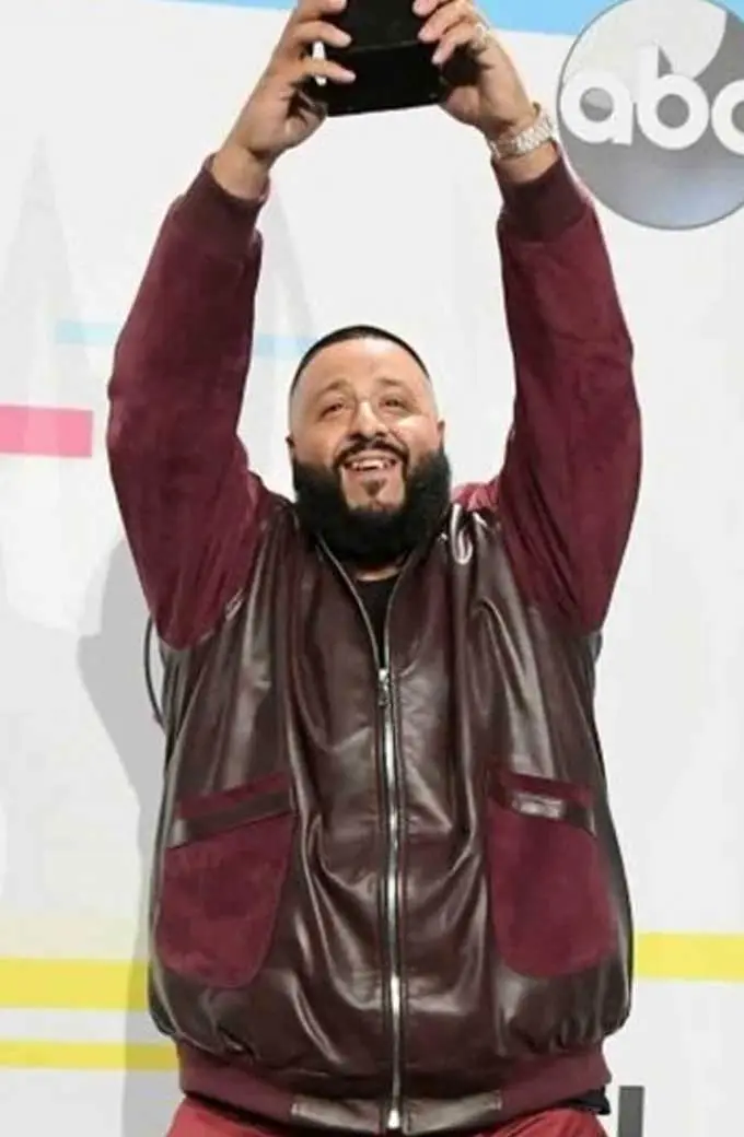 DJ Khaled American Music Awards Burgundy Bomber Leather Jacket dj-khaled-music-awards-jacket