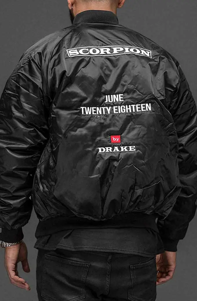 Mens Scorpion Aubrey Drake Graham Bomber Black Satin Jacket aubrey-drake-graham-scorpion-jacket