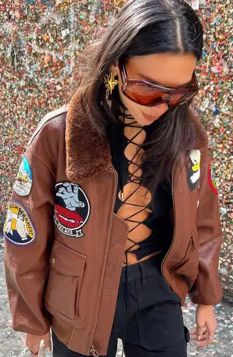 Dua Lipa Casual Aviator Bomber Fur Collar Brown Leather Jacket