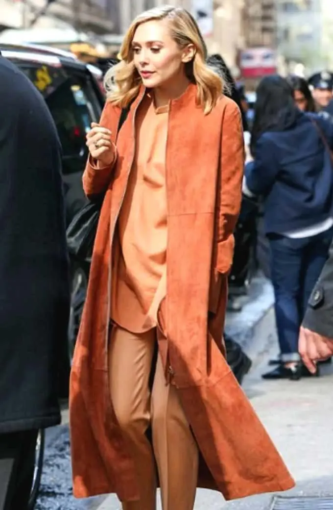 Casual Elizabeth Olsen Street Style Suede-Leather Trench Coat elizabeth-olsen-street-style-coat