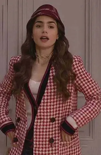 Lily Collins Emily Cooper Emily In Paris Red Checked Coat
