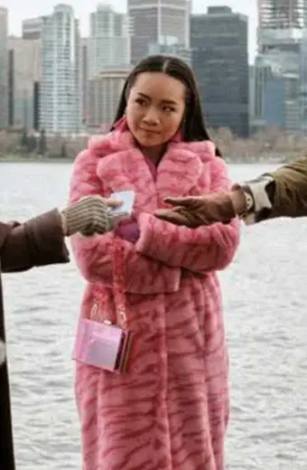 Rebecca Li Fakes TV Series Jennifer Tong Pink Fur Trench Coat
