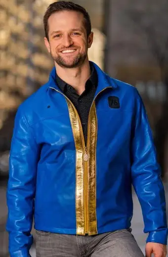 Video Game Fallout Vault 76 Mens Blue Cosplay Leather Jacket fallout-76-vault-blue-leather-jacket