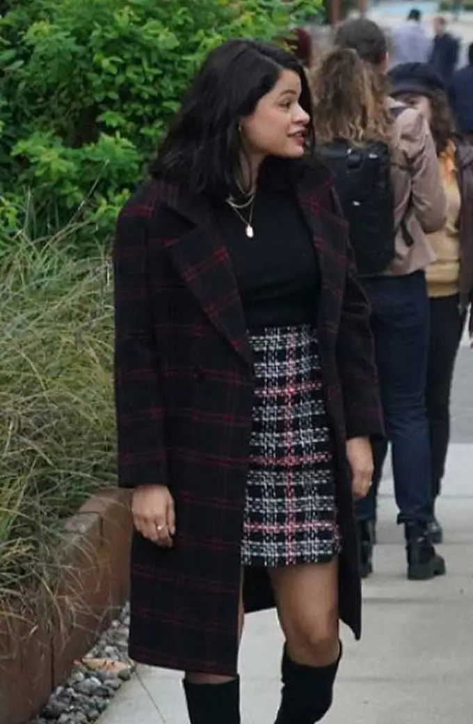 Melonie Diaz Mel Vera Charmed Checked Black Plaid Trench Coat melonie-diaz-charmed-checked-trench-coat