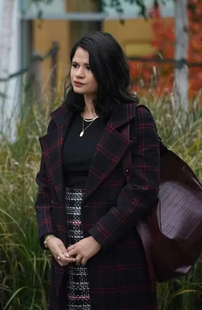 Melonie Diaz Mel Vera Charmed Checked Black Plaid Trench Coat melonie-diaz-charmed-checked-trench-coat
