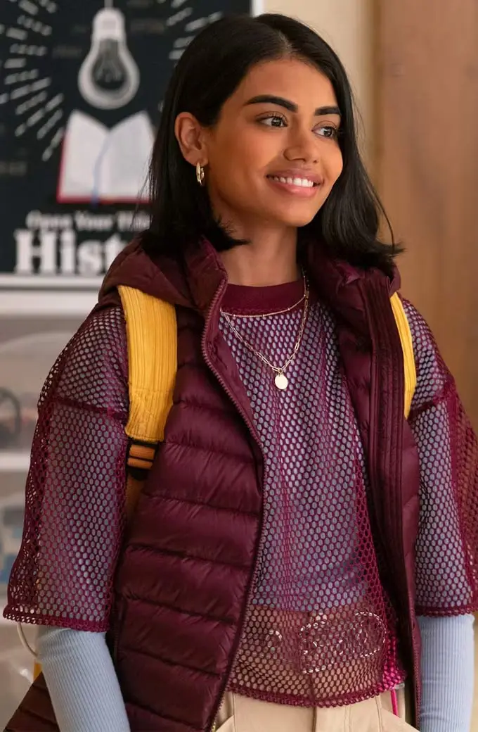 Never Have I Ever Megan Suri Maroon Parachute Vest never-have-i-ever-megan-suri-puffer-vest