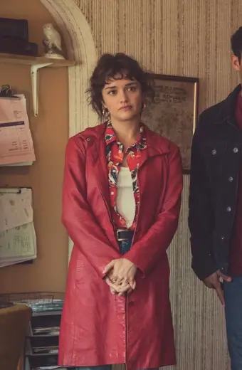 Olivia Cooke Pixie Pink Leather Coat olivia-cooke-pixie-coat