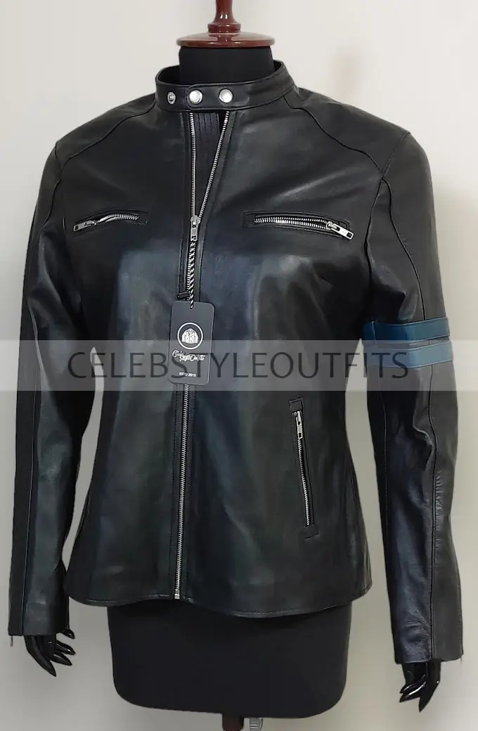 Vintage Womens Casual Blue Striped Black Racer Leather Jacket vintage-womens-blue-striped-racer-jacket