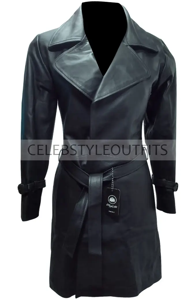 Maya Second Act Jennifer Lopez Black Leather Trench Coat second-act-jennifer-lopez-coat