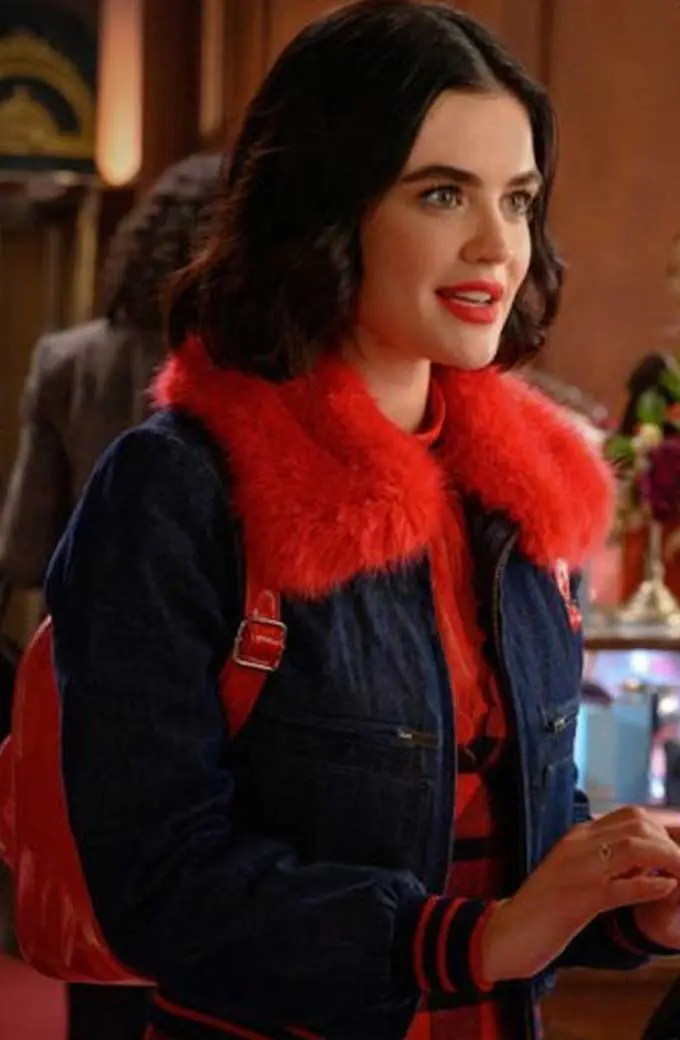 Katy Keene Lucy Hale Blue Bomber Denim Red Fur Collar Jacket lucy-hale-katy-keene-bomber-jacket