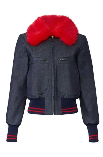 Katy Keene Lucy Hale Blue Bomber Denim Red Fur Collar Jacket lucy-hale-katy-keene-bomber-jacket
