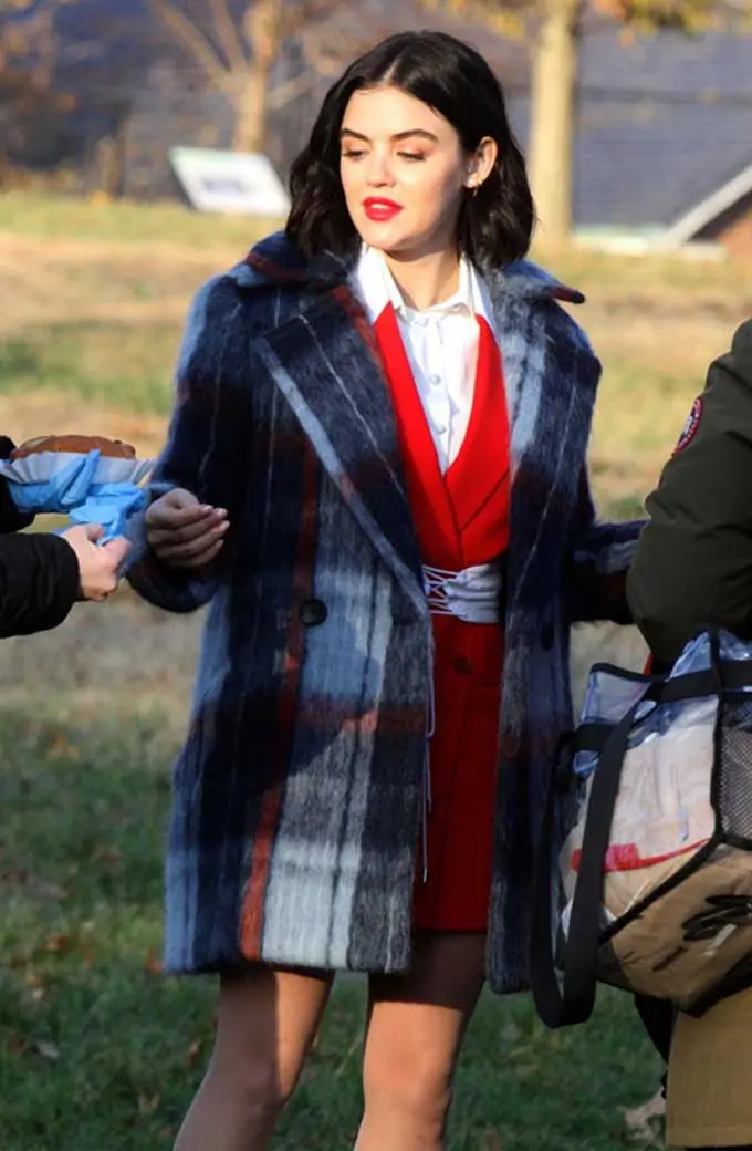 Katy Keene Lucy Hale Plaid Blue Checked Wool Trench Coat lucy-hale-katy-keene-plaid-checked-coat