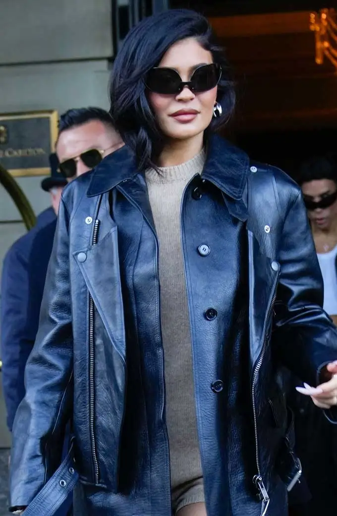 Casual Womens Kylie Jenner Street Style Black Leather Coat kylie-jenner-street-style-casual-coat