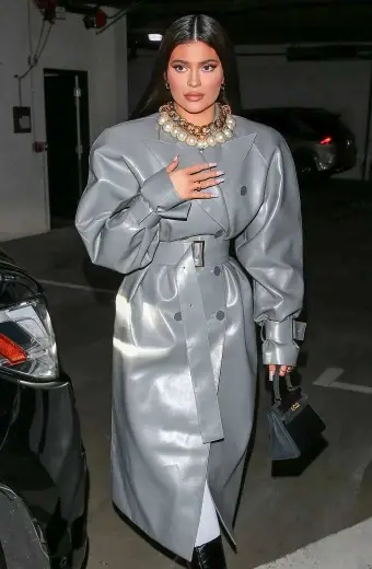Kylie Jenner Womens Grey Leather Double Breasted Trench Coat