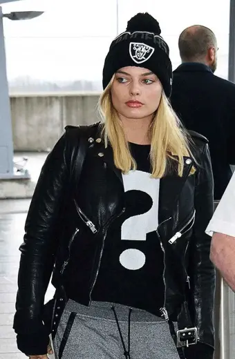 Margot Robbie Heathrow Airport Casual Black Leather Jacket