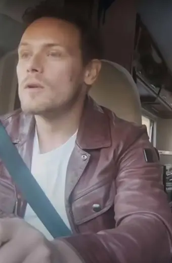 Sam Heughan Men in Kilts TV Series Biker Maroon Leather Jacket
