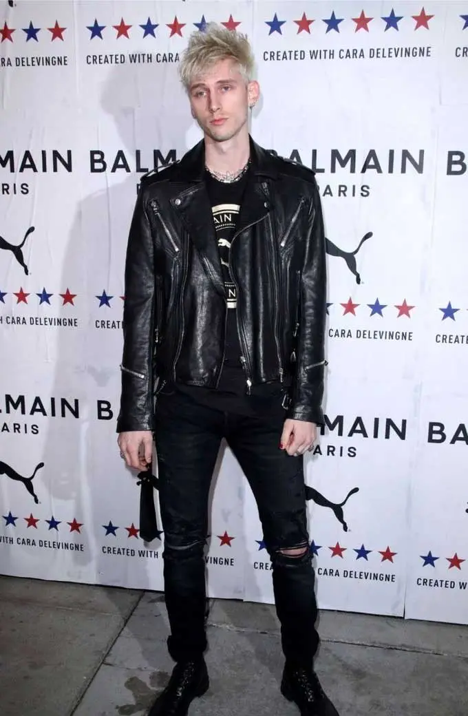 Machine Gun Kelly PUMA x Balmain Biker Black Leather Jacket puma-x-balmain-machine-gun-kelly-jacket