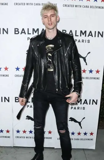 Machine Gun Kelly PUMA x Balmain Biker Black Leather Jacket puma-x-balmain-machine-gun-kelly-jacket