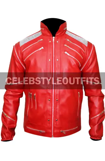 Michael Jackson MJ Beat It Metal Zipper Red Leather Jacket