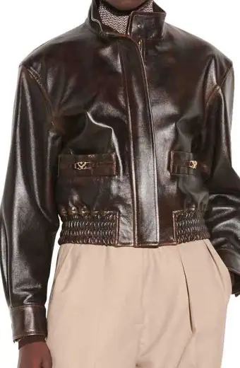 Kennedy McMann Nancy Drew Cropped Brown Bomber Leather Jacket
