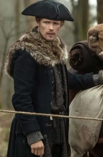 Sam Heughan Outlander Jamie Fraser Black Wool Fur Trench Coat