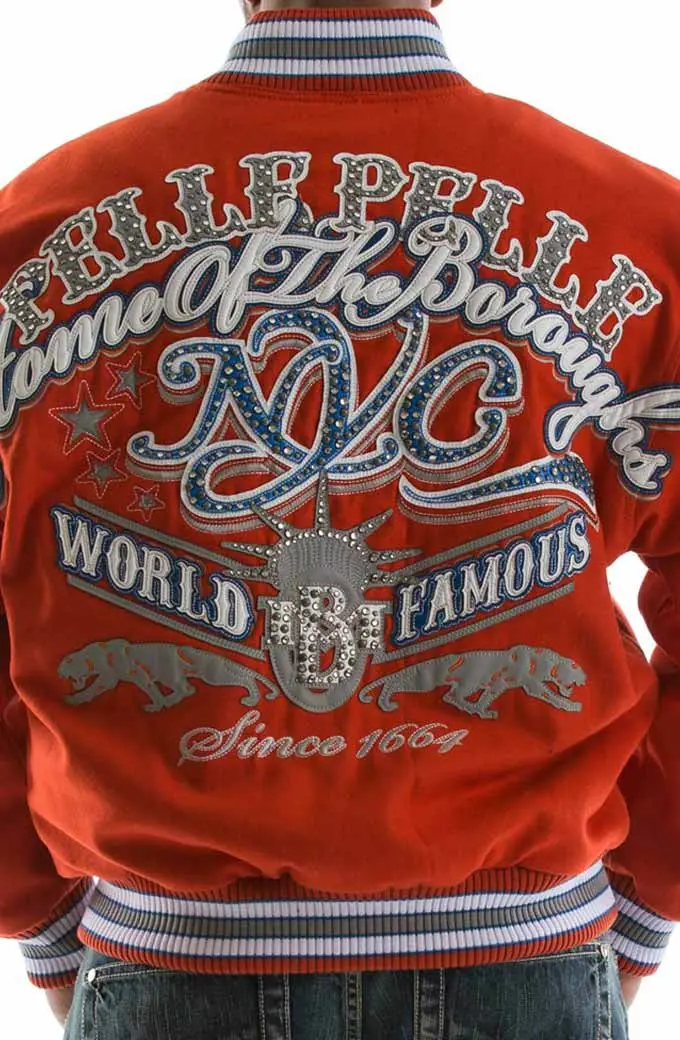 NYC Tribute Pelle Pelle World Famous Orange Varsity Jacket new-york-city-tribute-pelle-pelle-jacket