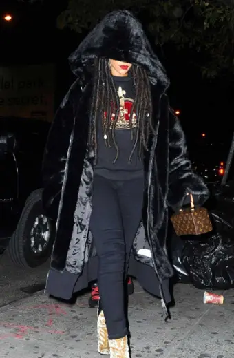 Womens Rihanna Street Style Casual Hooded Black Fur Long Coat rihanna-black-trench-coat