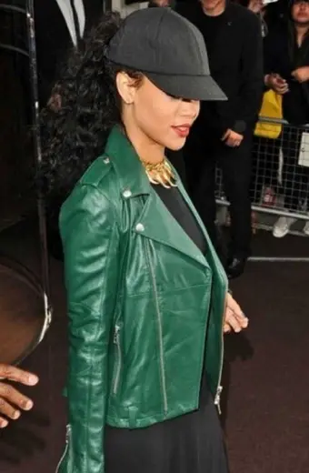 Casual Womens Rihanna Street Style Green Biker Leather Jacket rihanna-biker-jacket