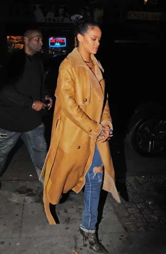 Womens Casual Rihanna Brown Leather Shearling Trench Coat rihanna-trench-coat