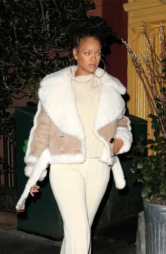 Womens Rihanna Beige Bomber Suede Leather Shearling Jacket rihanna-casual-jacket