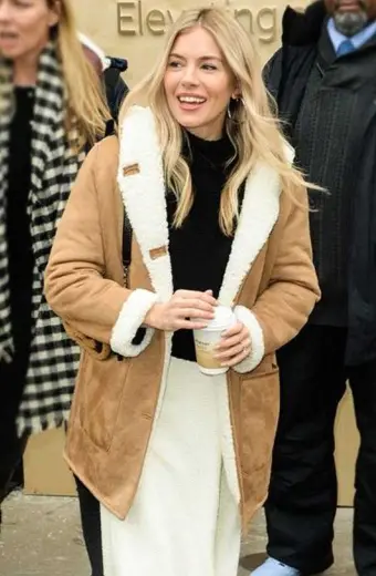 Womens Sienna Miller Shearling Lined Beige Suede Leather Coat sienna-miller-lined-coat