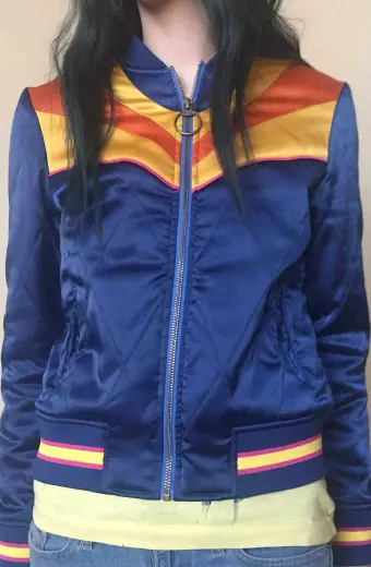 Cobie Smulders Dex Parios Stumptown Bomber Blue Satin Jacket