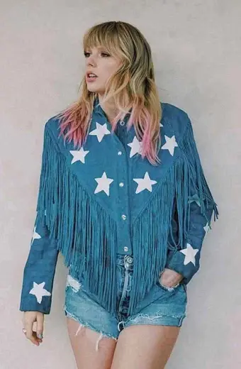 Taylor Swift Singer Casual Denim Stars Fringe Cropped Jacket