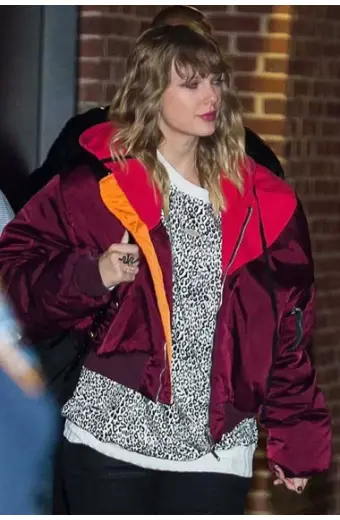 Womens Taylor Swift Singer Burgundy Bomber Red Hooded Jacket