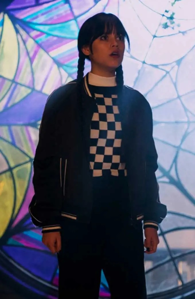 Jenna Ortega Wednesday Addams Bomber Black Varsity Jacket jenna-ortega-wednesday-jacket