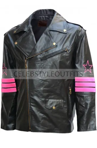 Hitman WWE Bret Hart Pink Stripes Biker Black Leather Jacket
