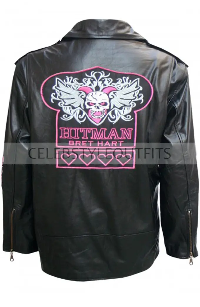 Bret Hart Hitman WWE Pink Stripes Biker Black Leather Jacket wwe-bret-hart-black-leather-jacket