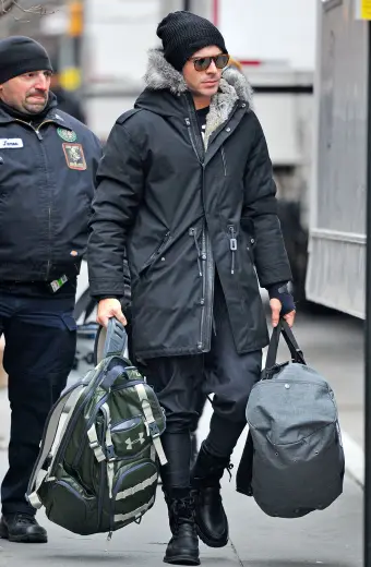 Mens Zac Efron Casual Street Style Hooded Black Fur Parka