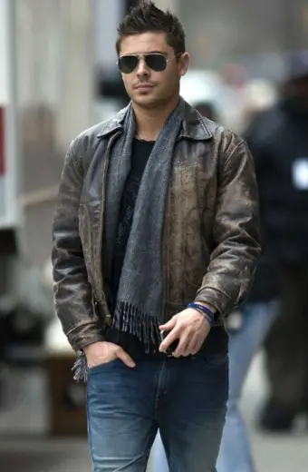 Mens Zac Efron Casual Distressed Brown Bomber Leather Jacket